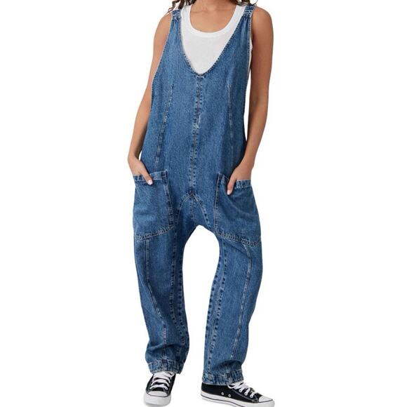 Free People We The Free High Roller Jumpsuit Kansas Sappy Blue Size Large NWT - Picture 1 of 10